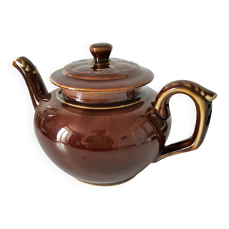 Vintage brown glazed earthenware teapot, mid-century sculptural decor.