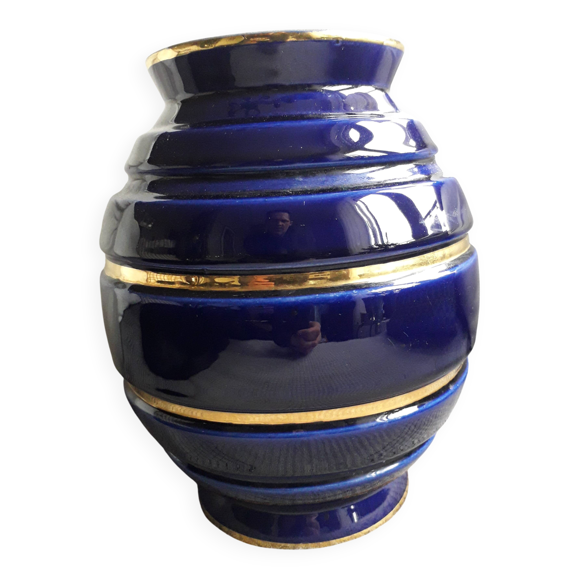 Vintage blue and gold ceramic vase