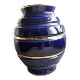Grand vase vintage en céramique bleu et or
