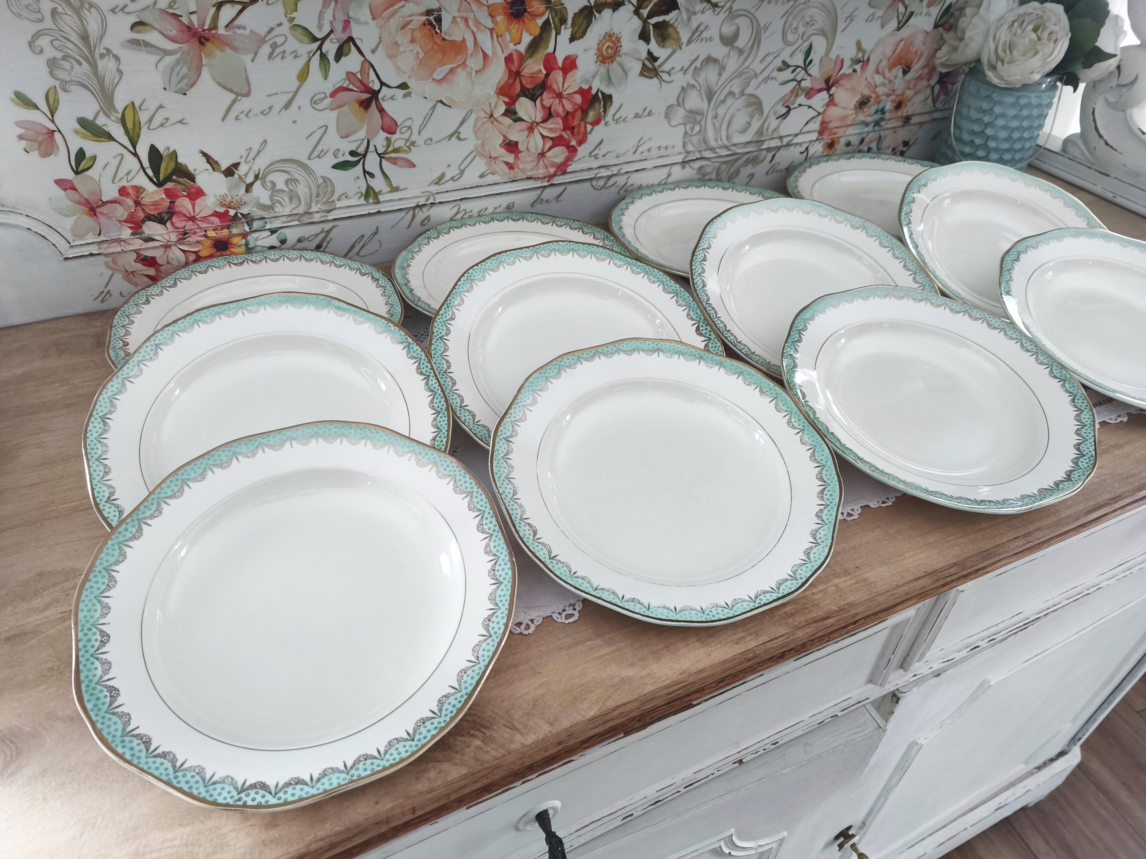 Set of 12 Longwy France earthenware soup plates, Trianon model