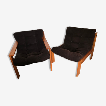Paire de fauteuils vintage 1980 en pin