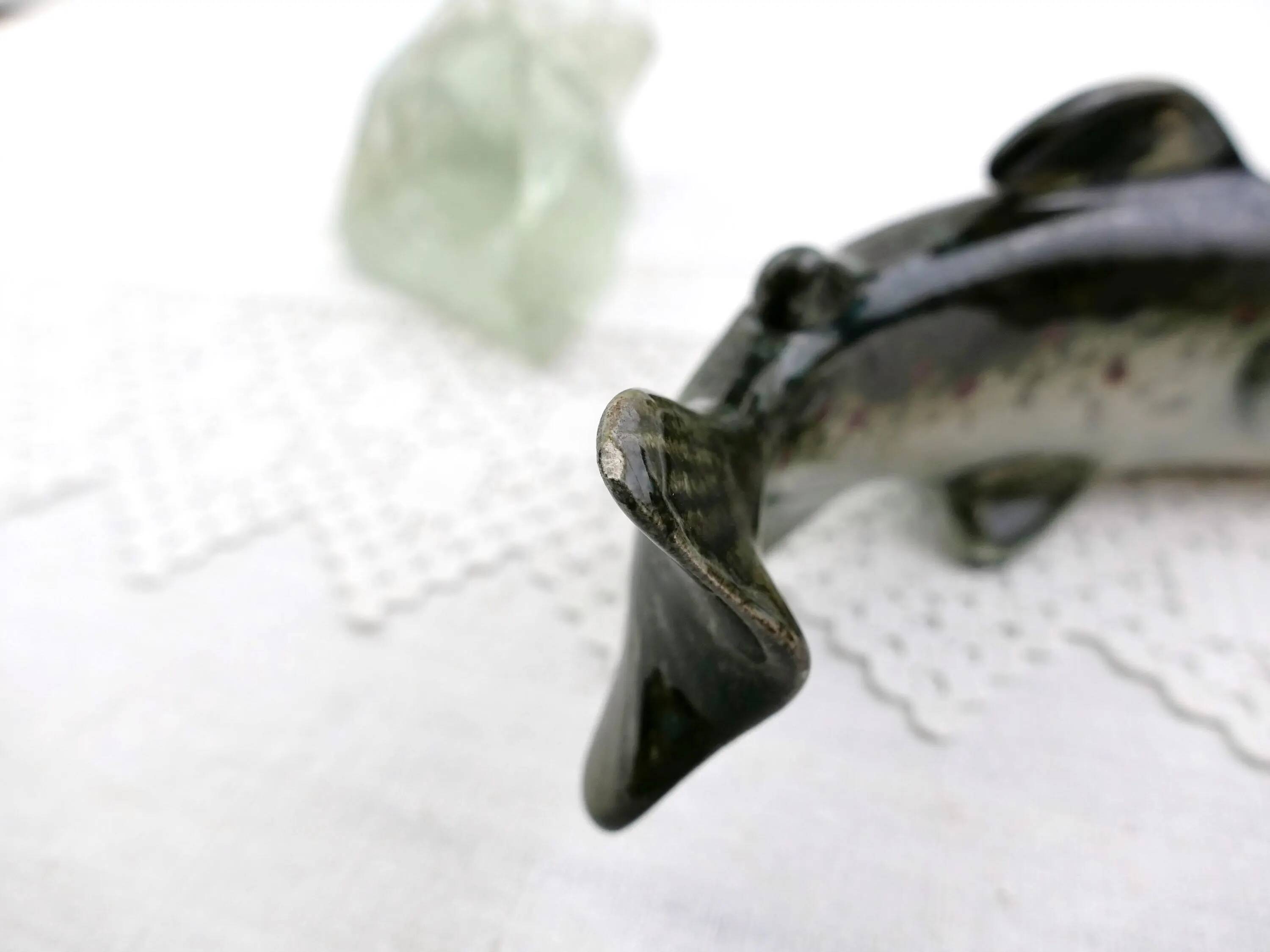 Vintage Raymond Gangloff sculpture of a swimming trout in glazed ceramic