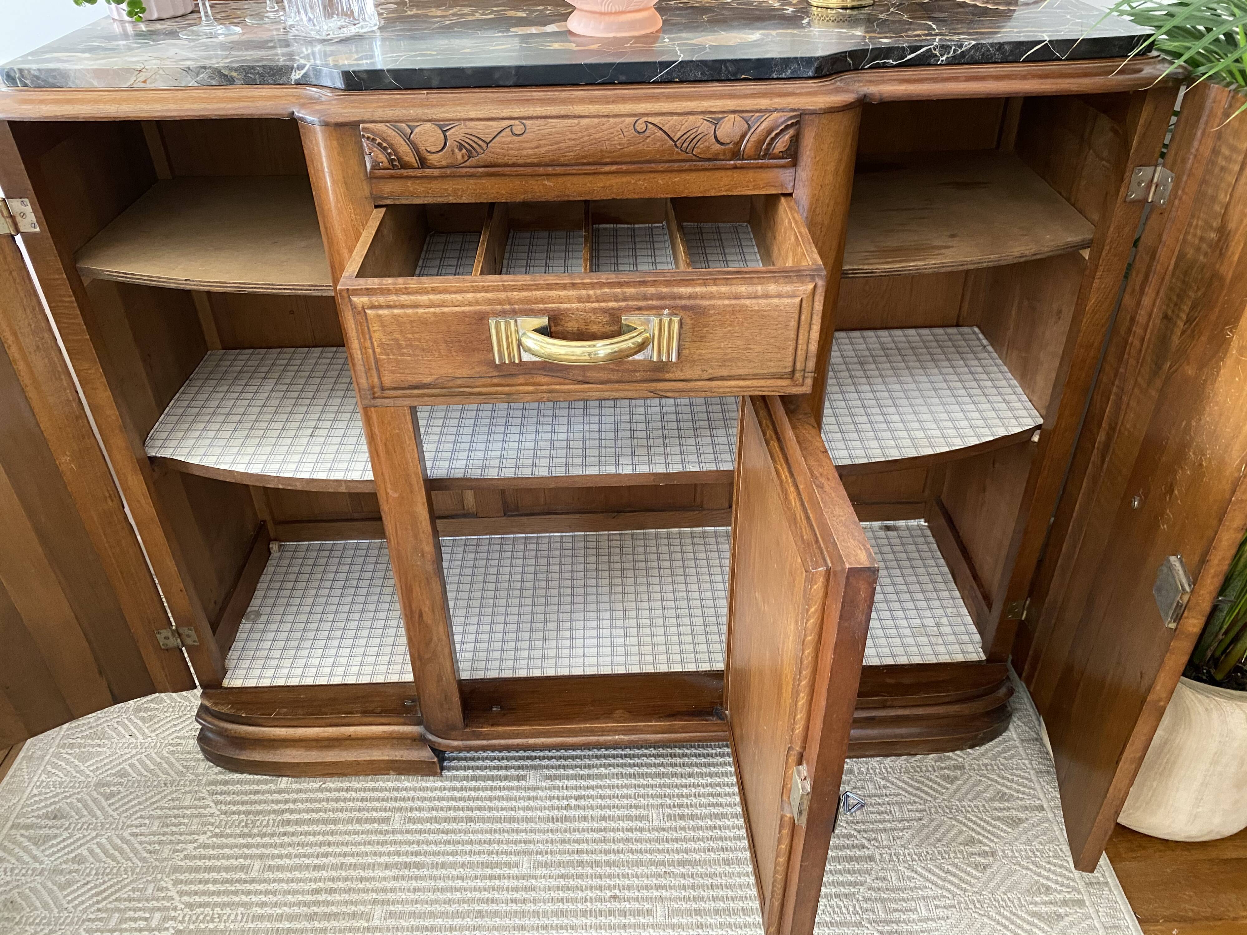 Art Deco black marble sideboard and vintage beveled mirror