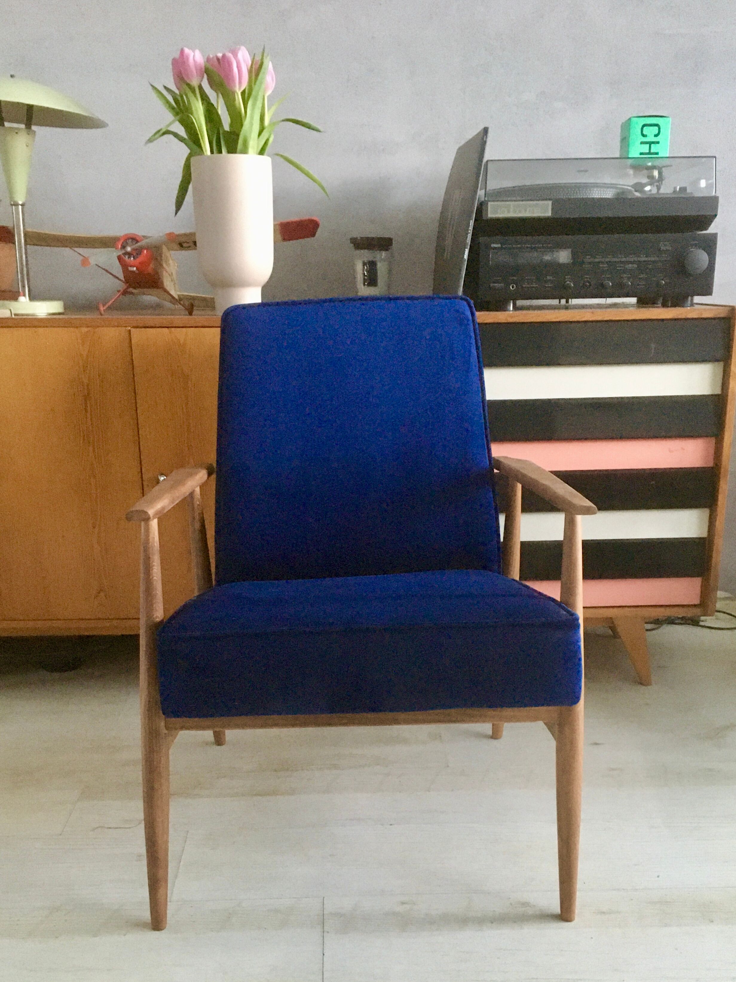 Original vintage polish armchair 300-190 from Mid-century in navy blue velvet