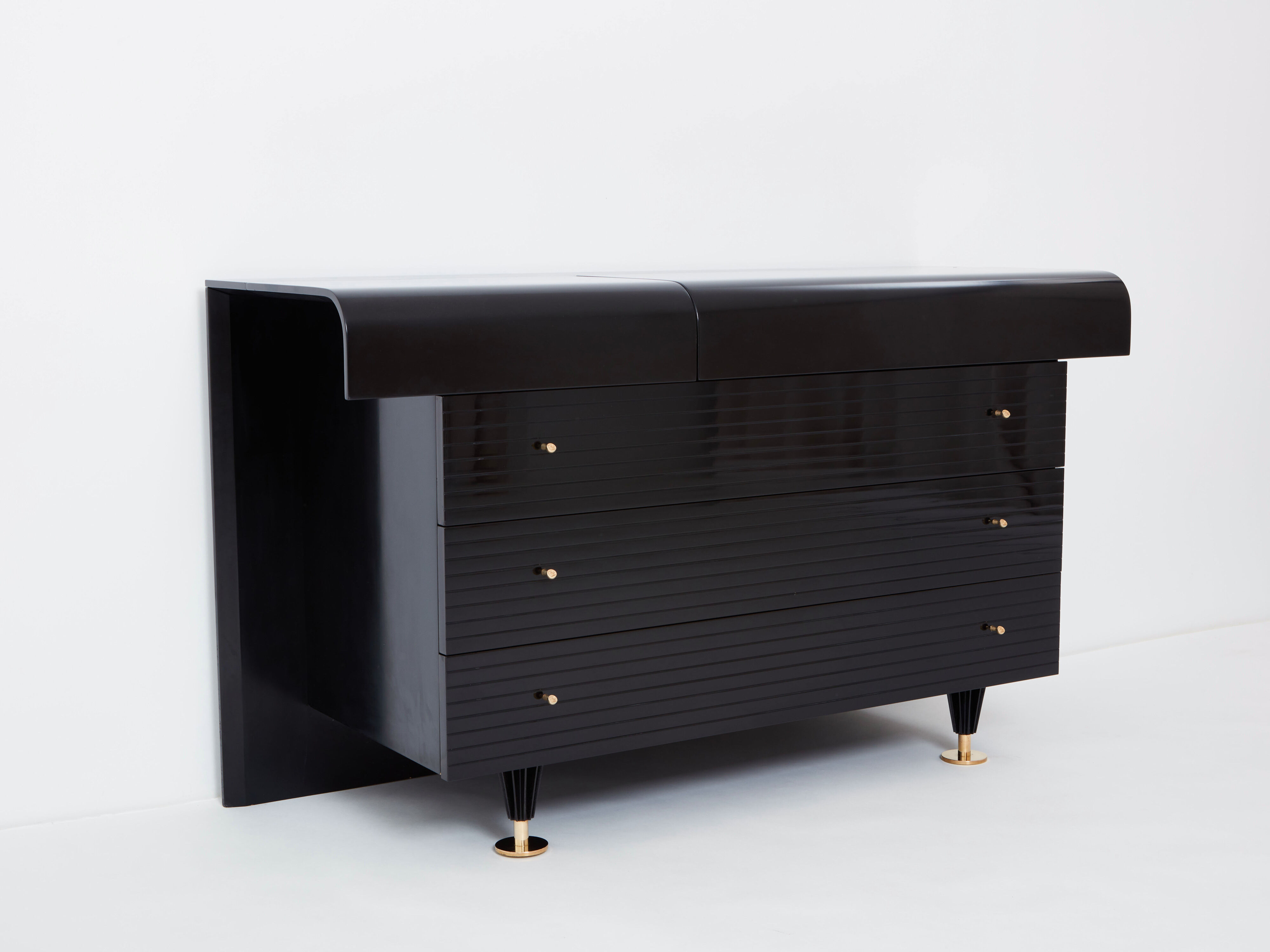 Black lacquered brass chest of drawers signed Pierre Cardin 1980