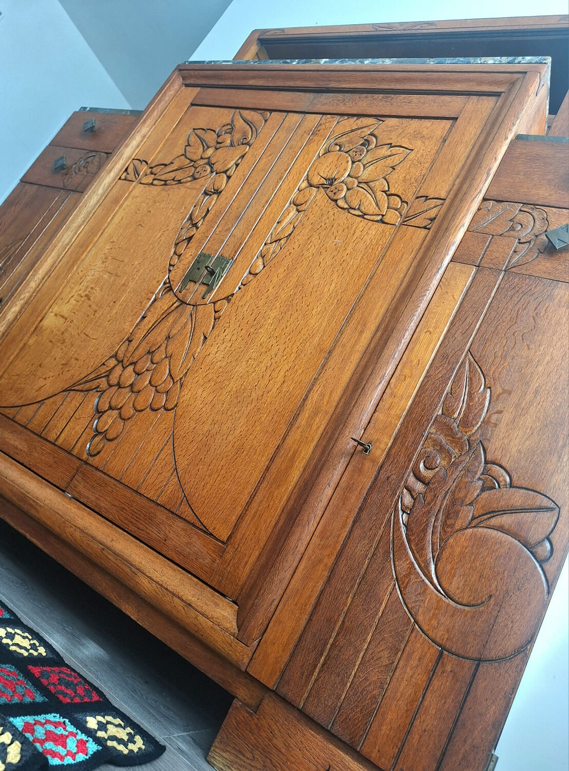 Art Deco buffet, marble trays, antique sideboard, display cabinet.