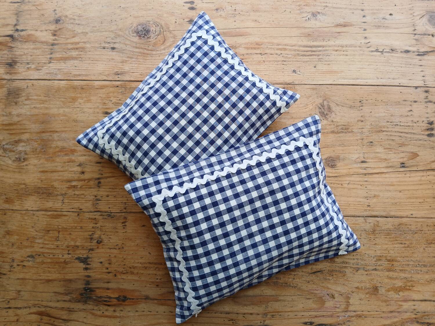 Set of 2 vintage cushions, blue gingham