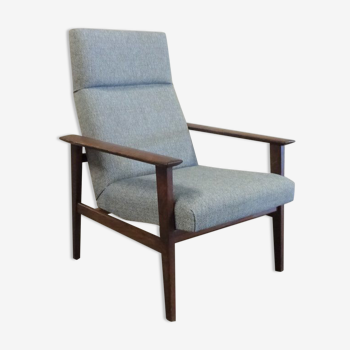 Sturdy rosewood armchair covered with a fur grey/turtledove blue fabric