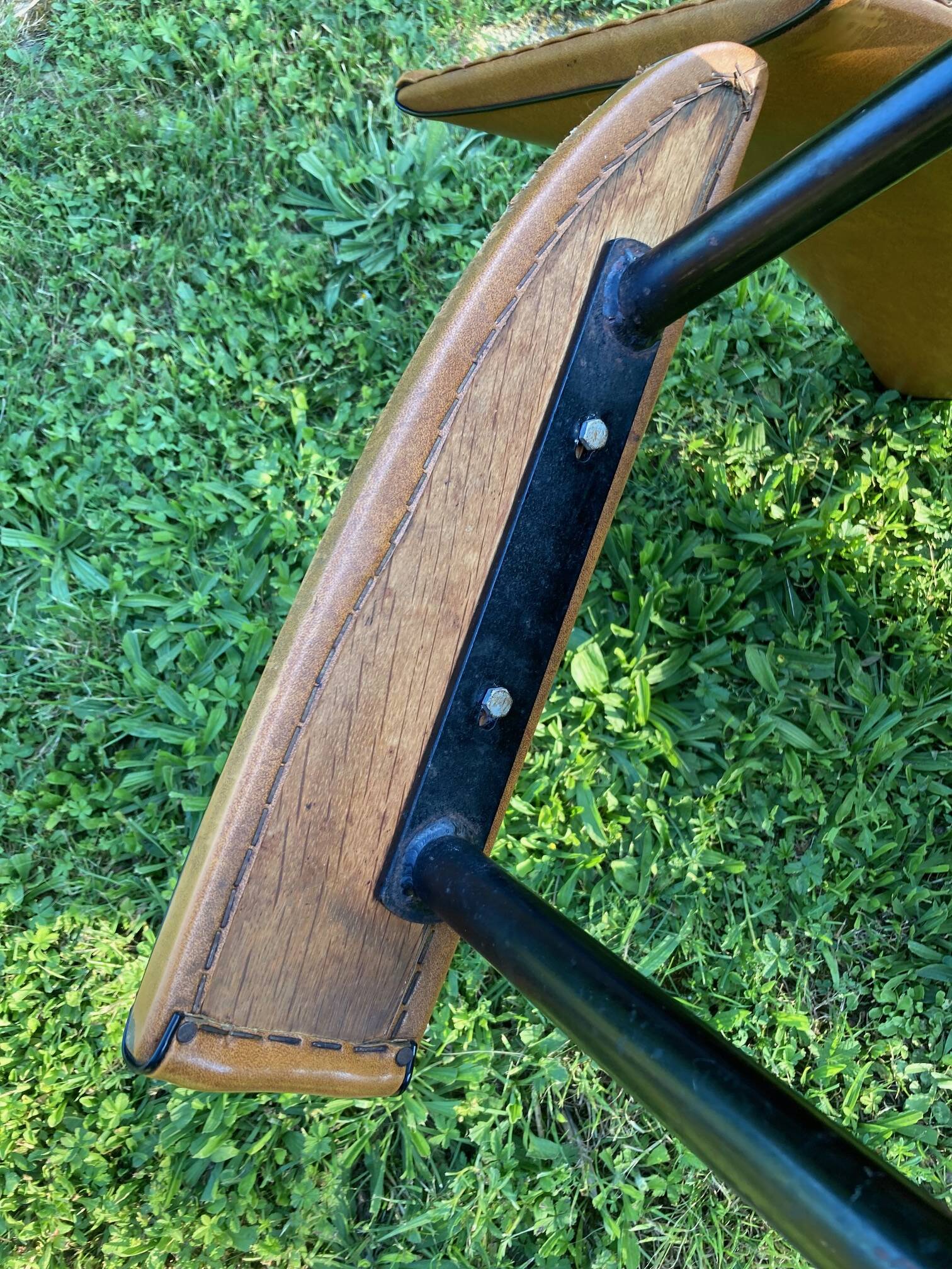 Rare light brown leatherette armchair, by "Colette Gueden", designer from the 50s