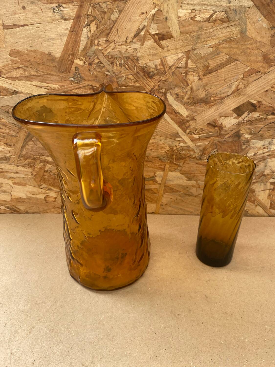 Orangeade carafe service + 5 vintage orange blown glass glasses