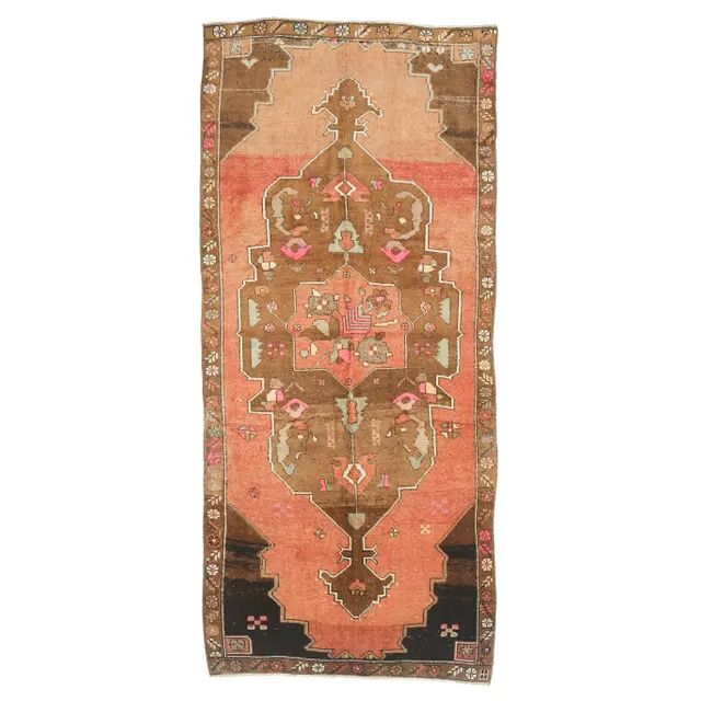 Vintage Turkish Hand-Knotted Wool Cotton Orange Runner 159x366