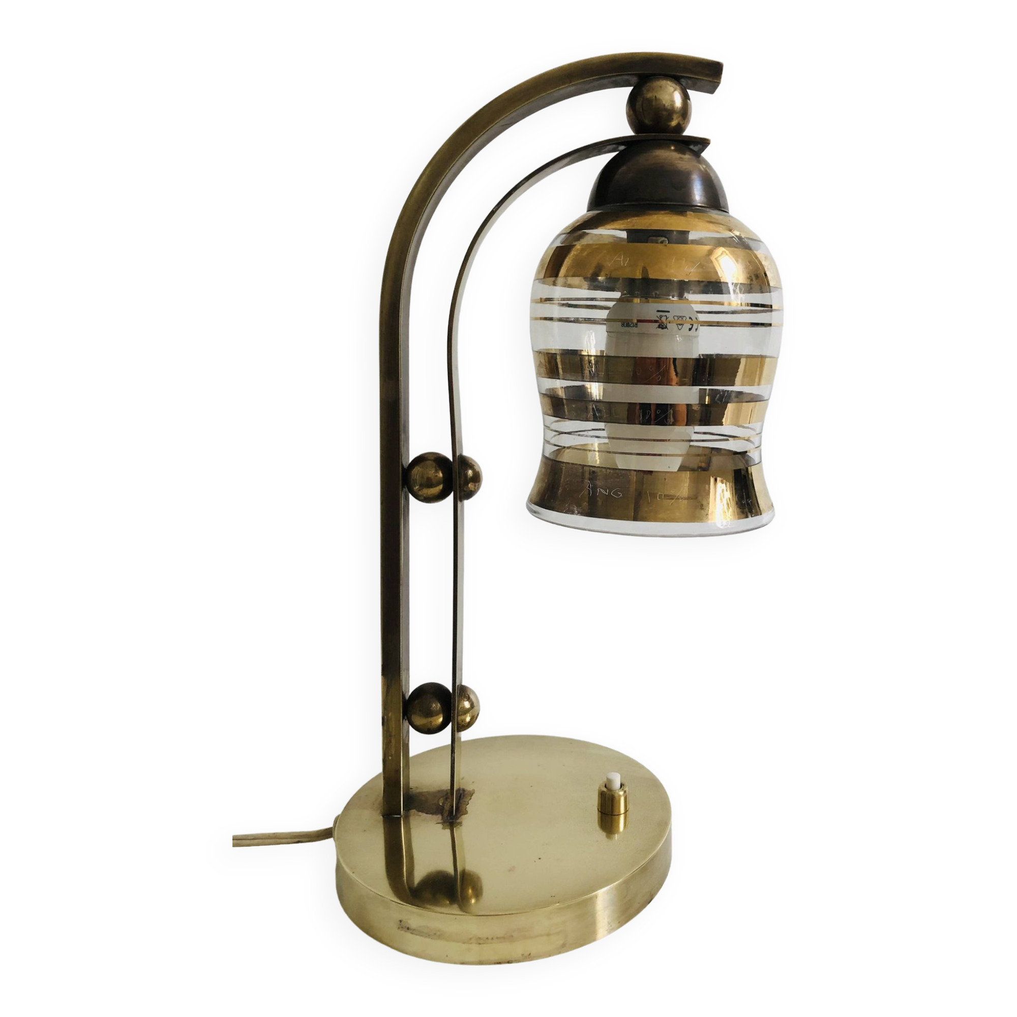 Table lamp style bauhaus years 40-50 brass with golden glass tulip