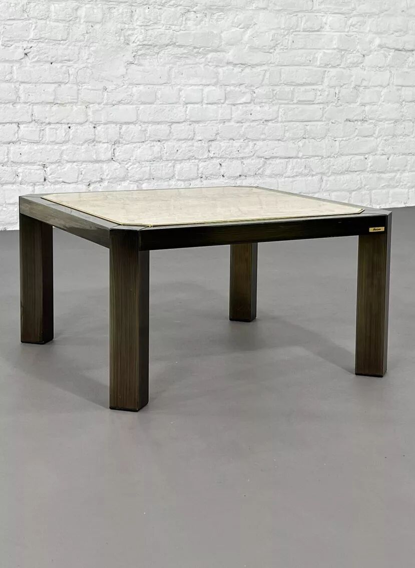 Square coffee table from the 80s in metal and travertine Belgochrome Design.