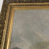 Old oil painting on canvas attributed to R. SCHWAB. Village vintage gilded wood frame 65 x 80 cm