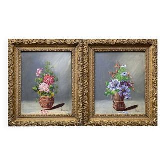 Pendant de tableaux HSP XIX° "Bouquet de fleurs" + cadre