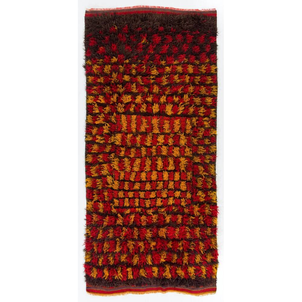 Vintage Hand-Knotted Turkish Tulu Rug with Checkered Design in Red, Yellow and Brown, 100% Wool