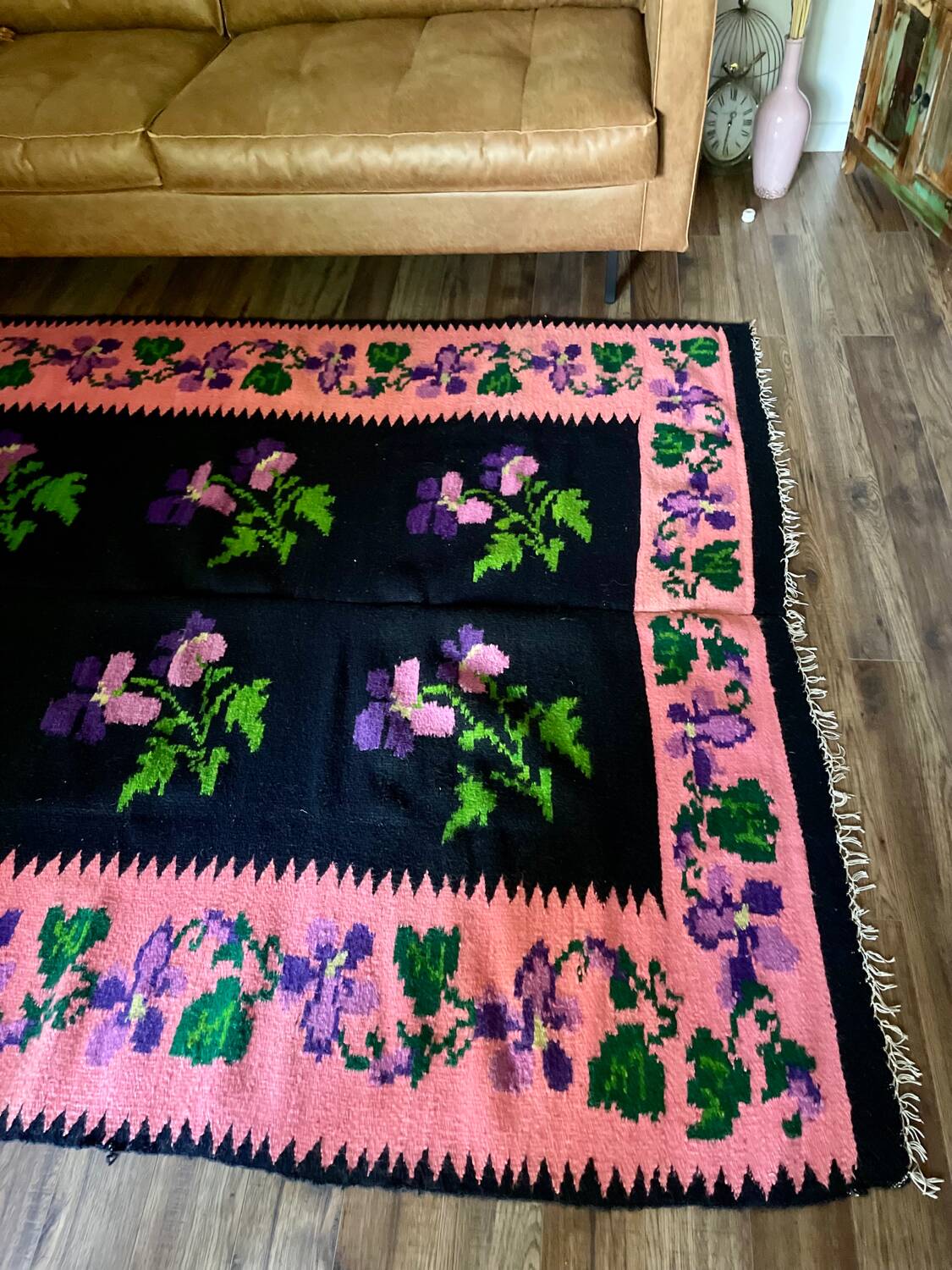 Oltenian floral rug handwoven in wool, purple flowers on black and pink background