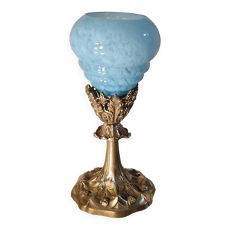 Lampe calice bronze doré  abat jour opaline bleue clichy  1920, electricité  ok neuve