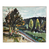 Chemin sous les pins, paysage huile sur toile