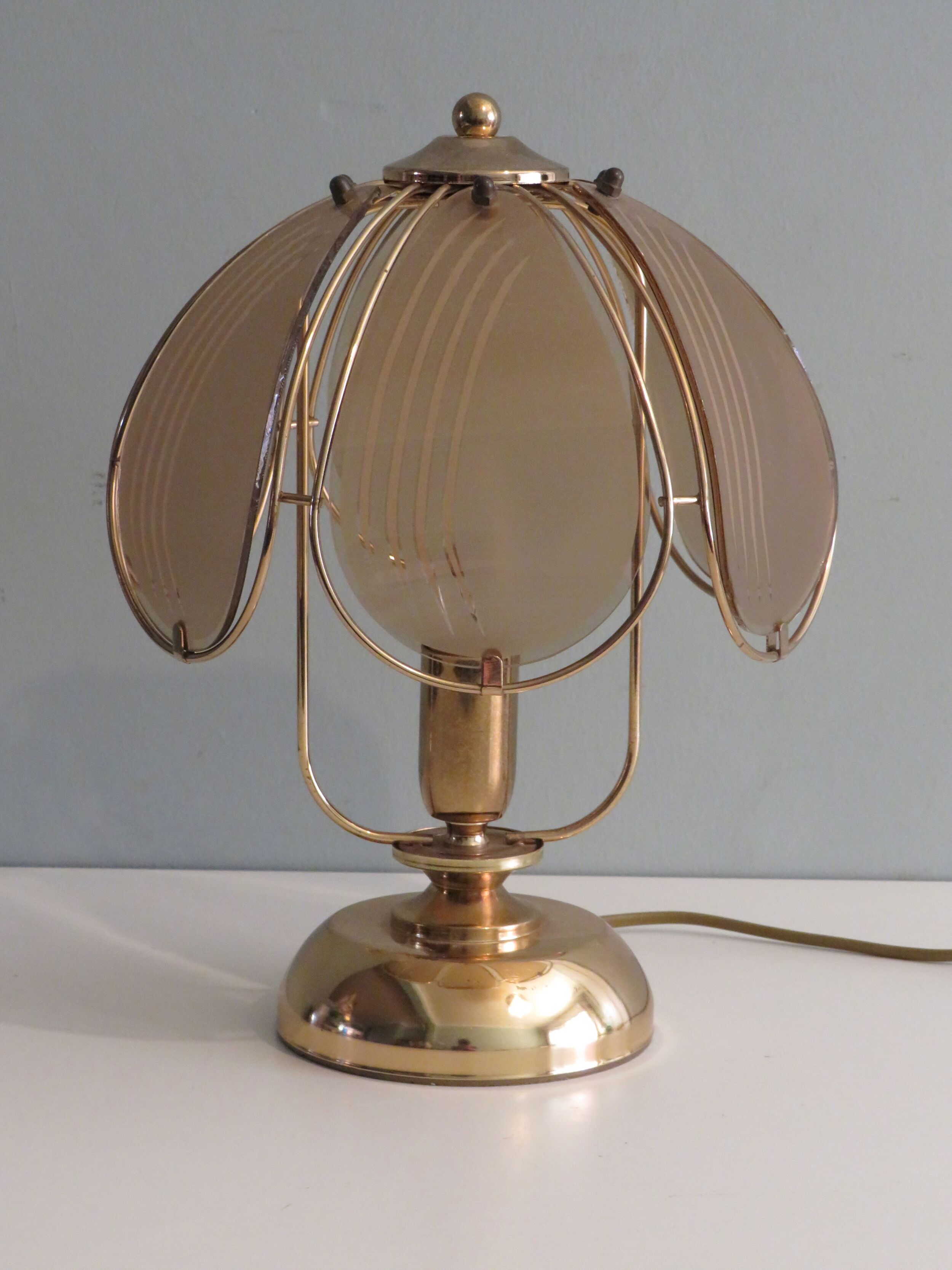 Brass table lamp with smoked glass panels, Belgium 1970