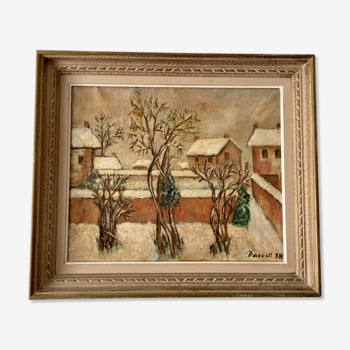 Oil on canvas painting "snow in Paris" signed Darvill 1958