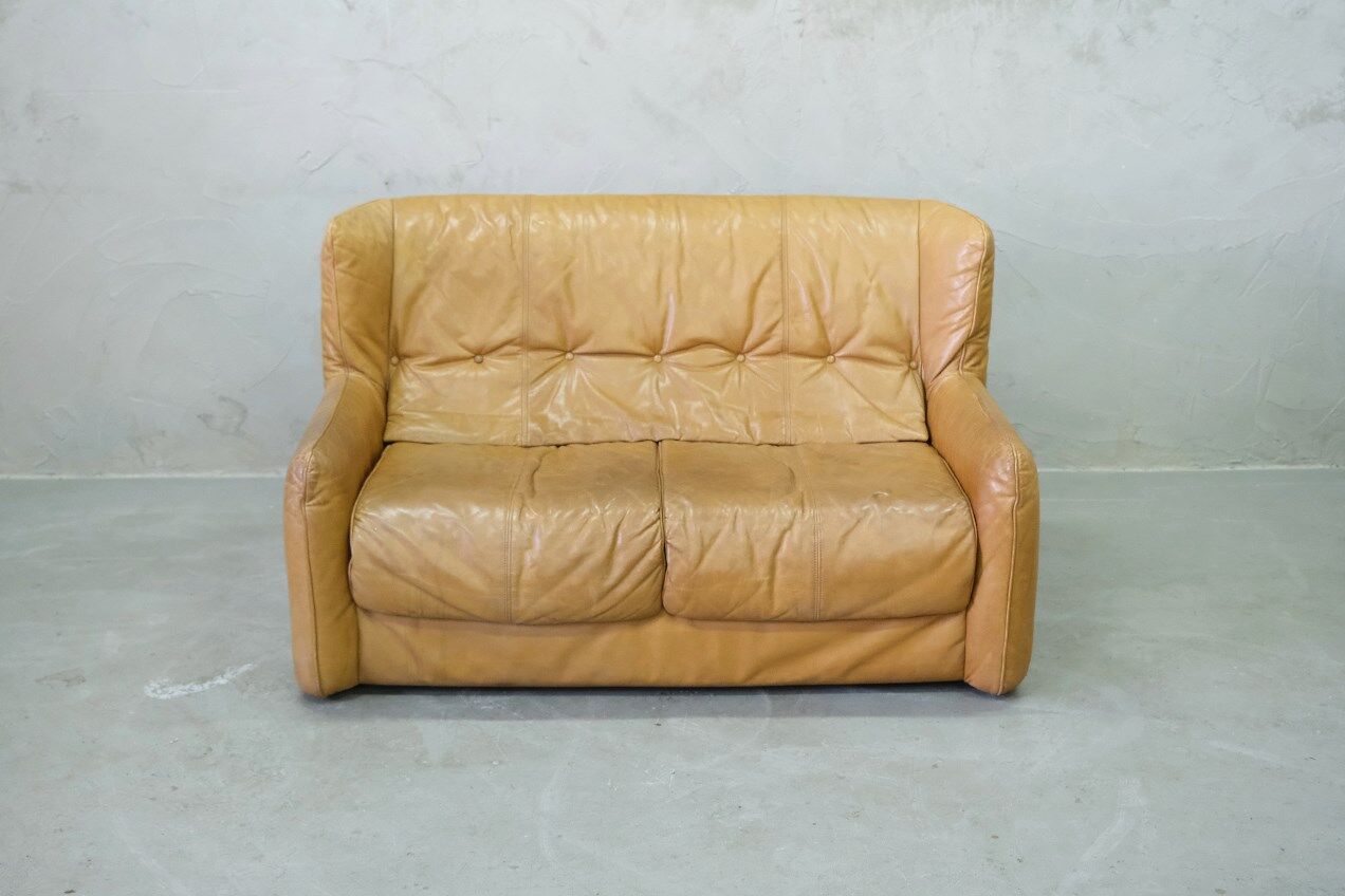 Brutalistic italian leather living room set, 1970, set of 2