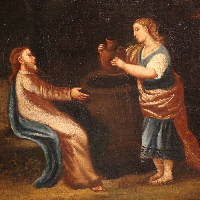 Antique Spanish painting of Jesus and the Samaritan woman at the well