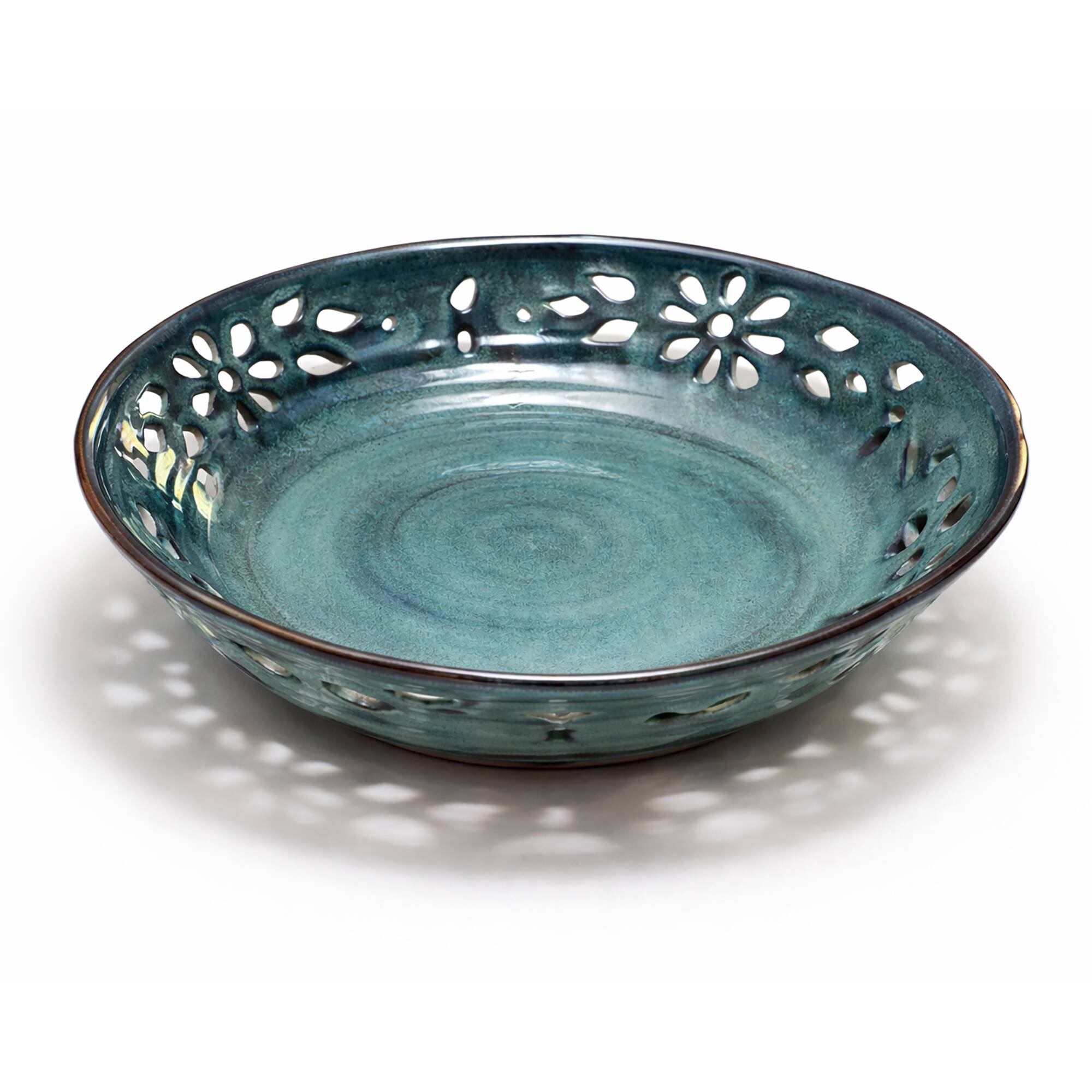 Very large handcrafted openwork stoneware dish Ø 36 cm – Turquoise blue glaze