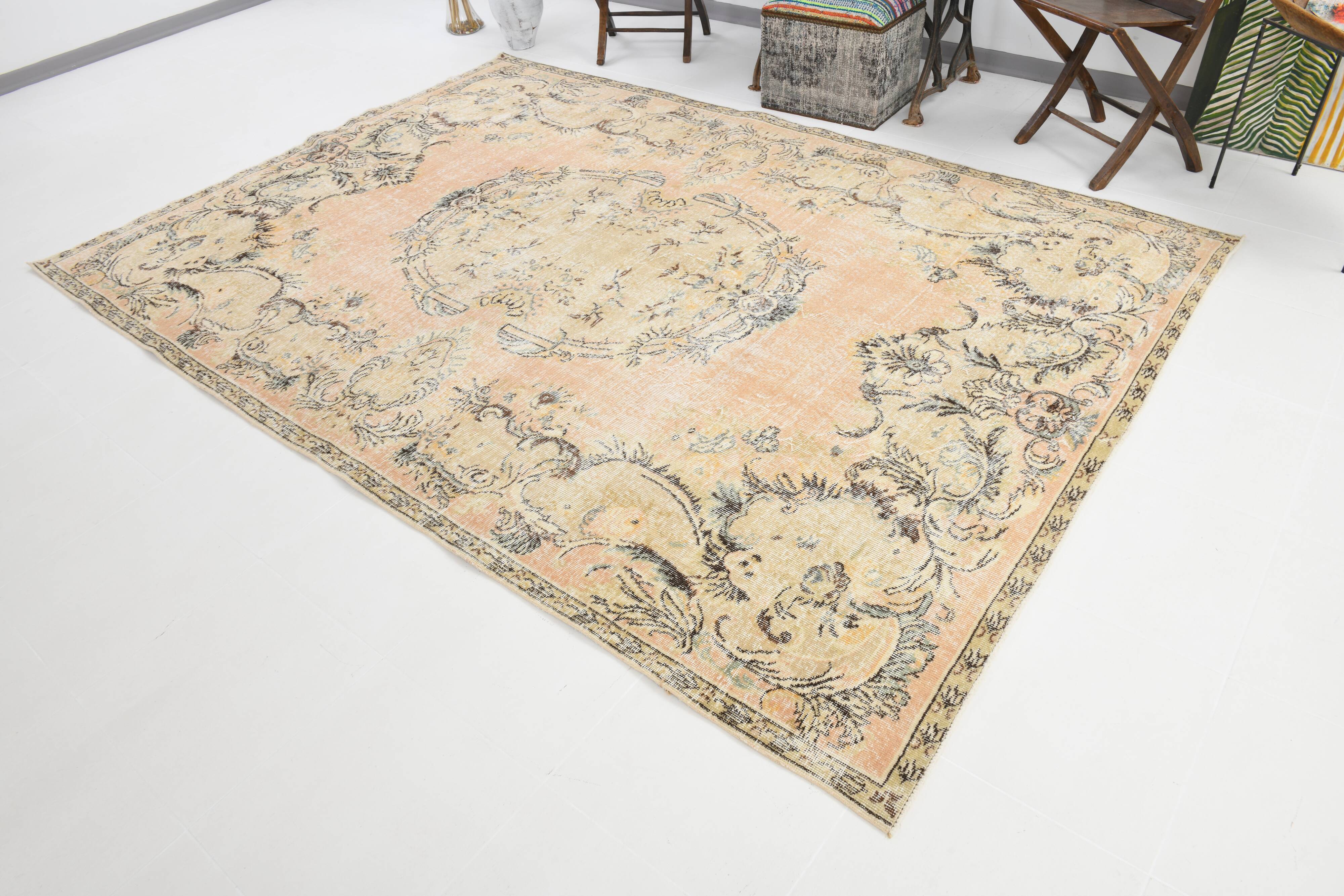 vintage beige orange turkish carpet 207x302 cm , wool hand made rug.