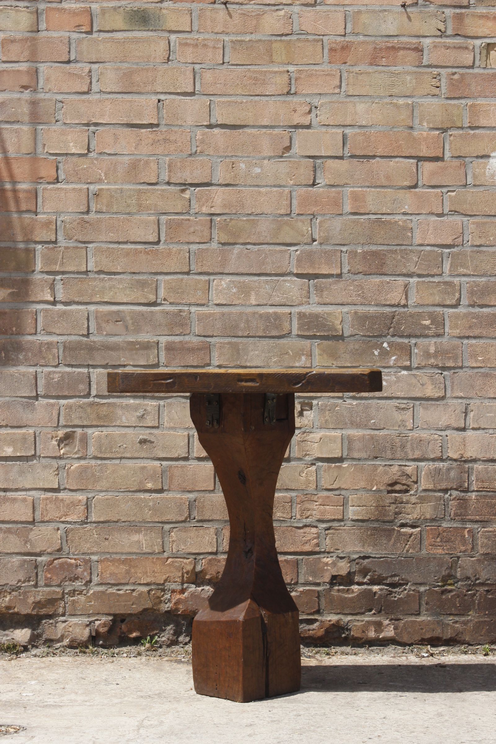 Brutalist console in solid wood worked with gouge & wrought iron, France 1950s