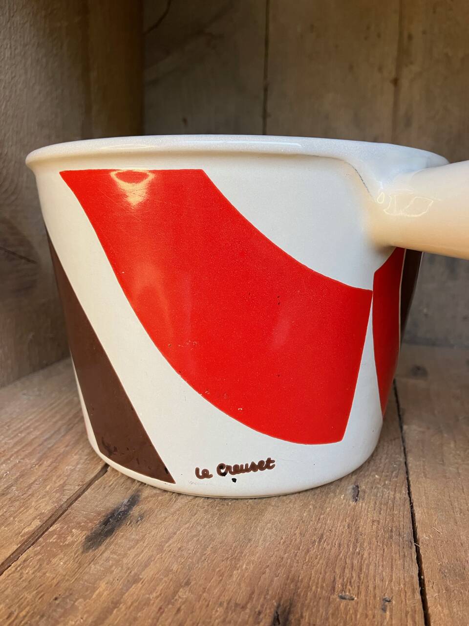 Vintage Le Creuset enameled cast iron fondue pot from the 1970s