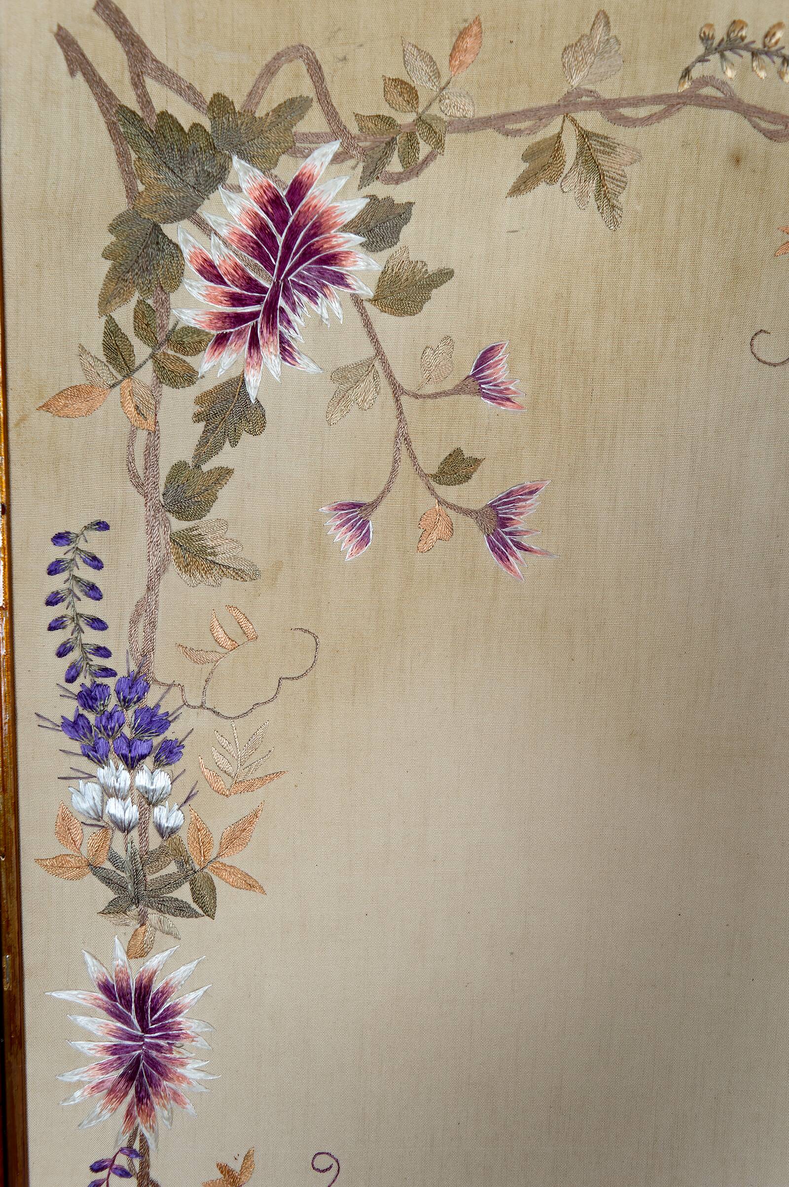 Important Set of Three Indochinese Silk Embroidered Tapestries