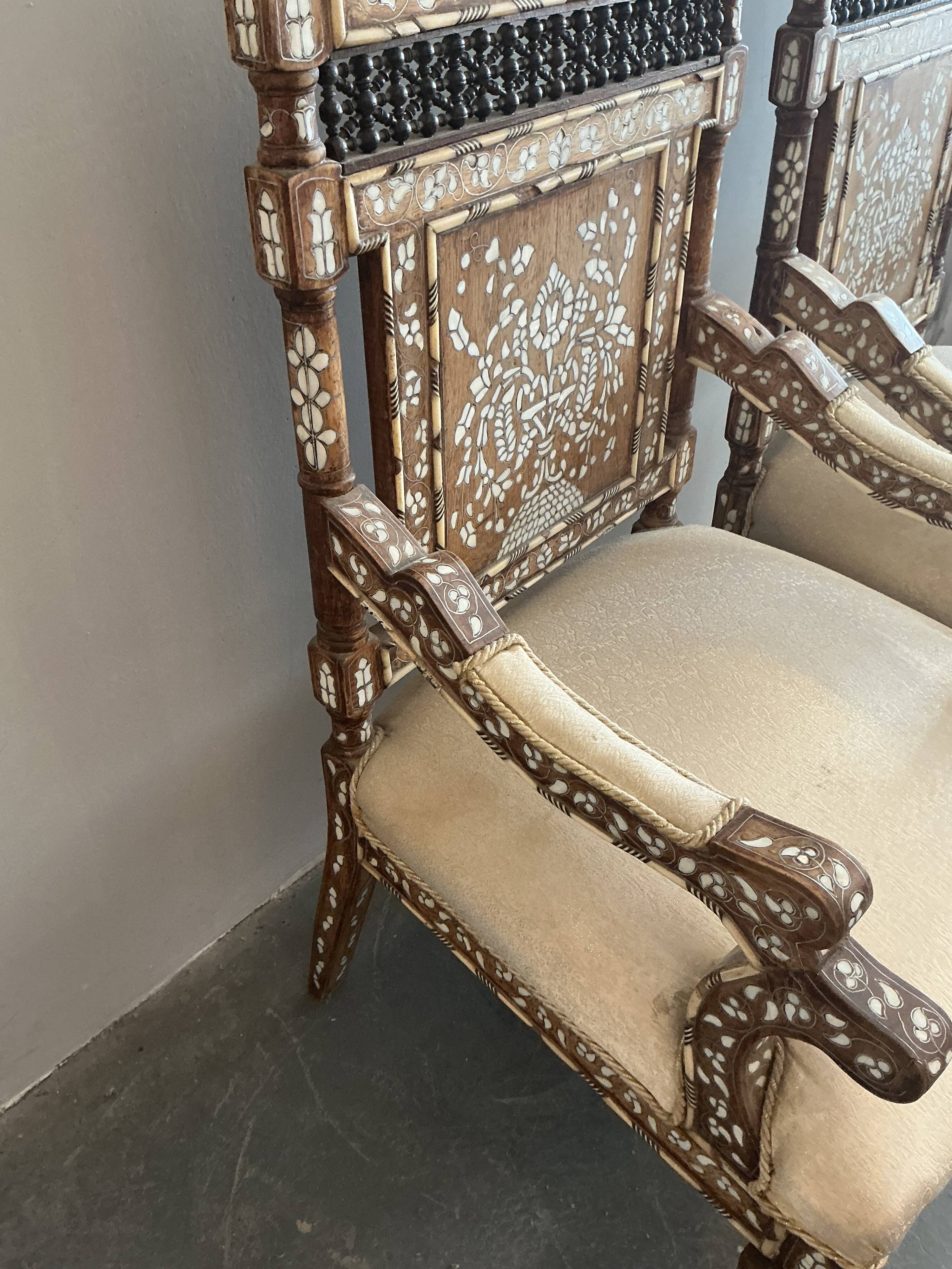 Syrian walnut armchairs inlaid with mother-of-pearl