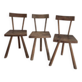 3 chaises tripodes en chêne, art brut