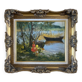Tableau HST Post impressionniste en cadré signé Poretskov "Fillettes au bord du lac"