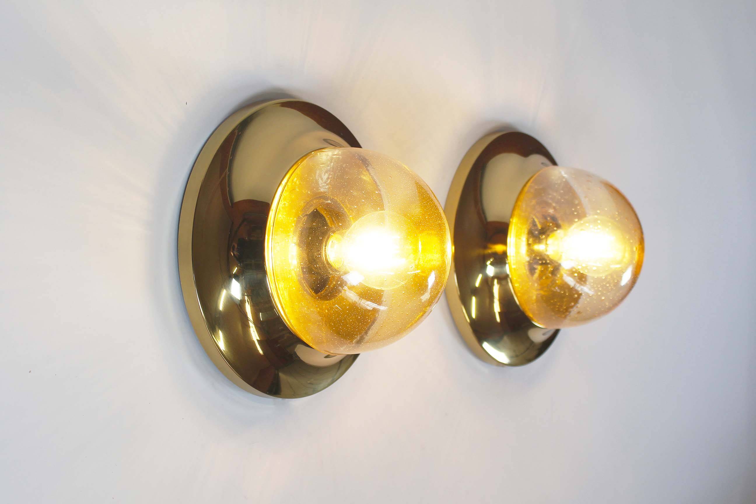 Pair of Amber glass and brass vintage wall lights, Germany 1970's