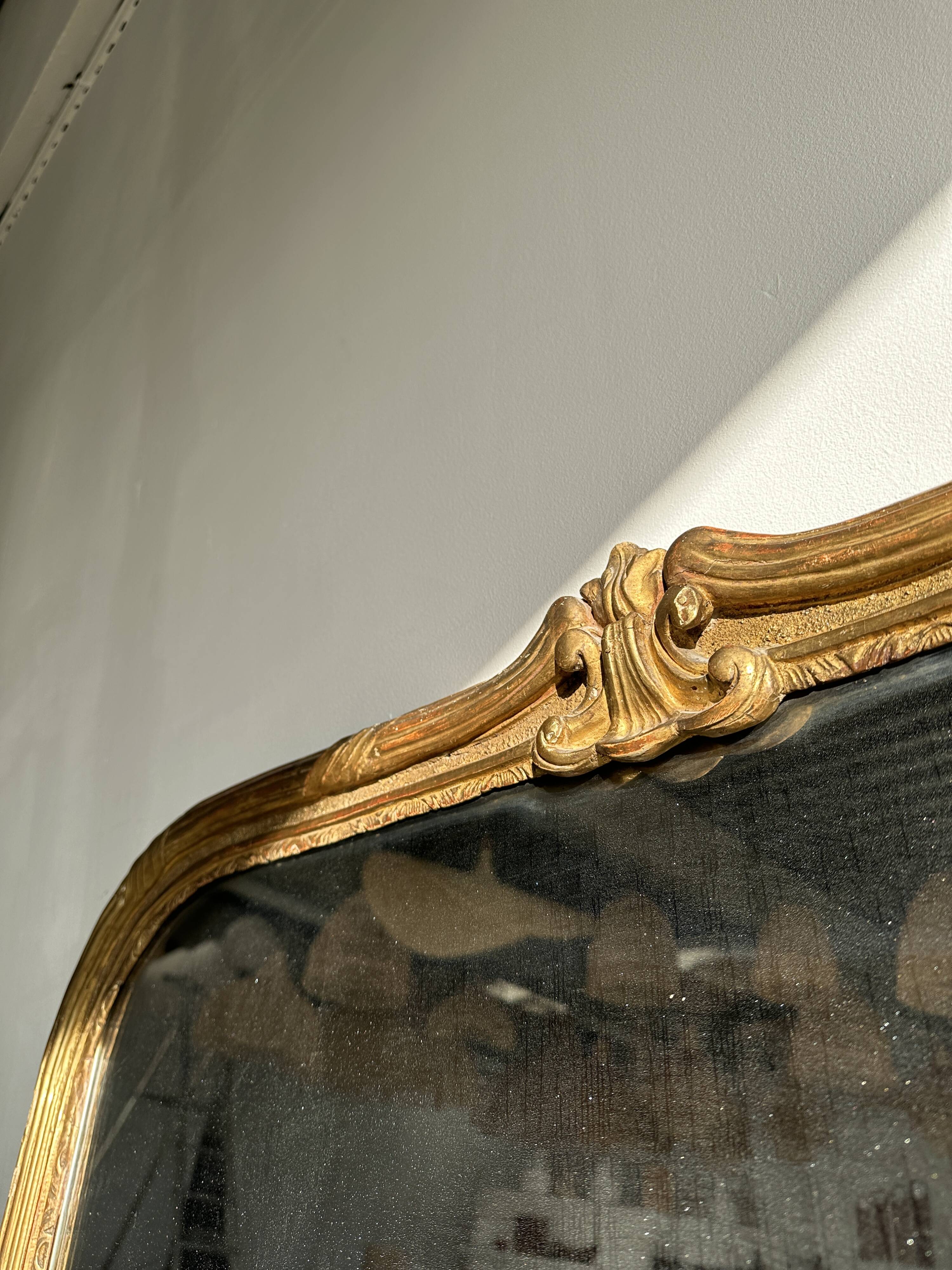 Large gilded mirror 19th century rounded corners mercury glass Louis XVI style