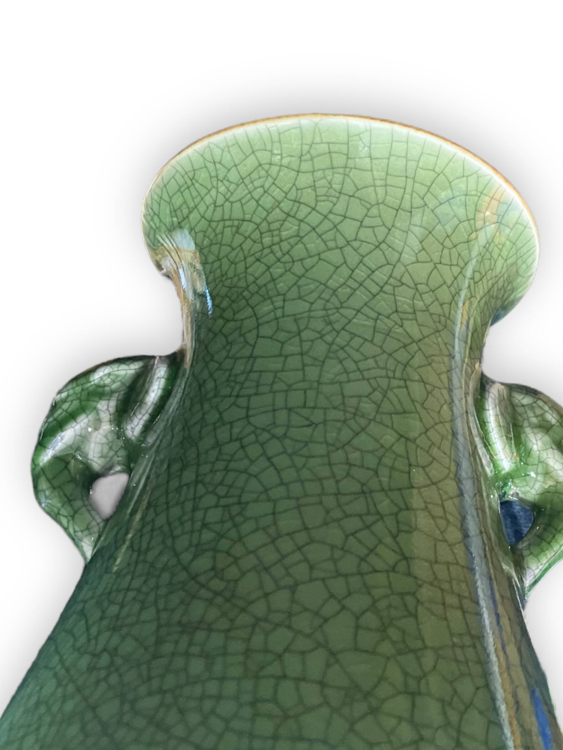 Green cracked ceramic vase Elephant Handles China XXth