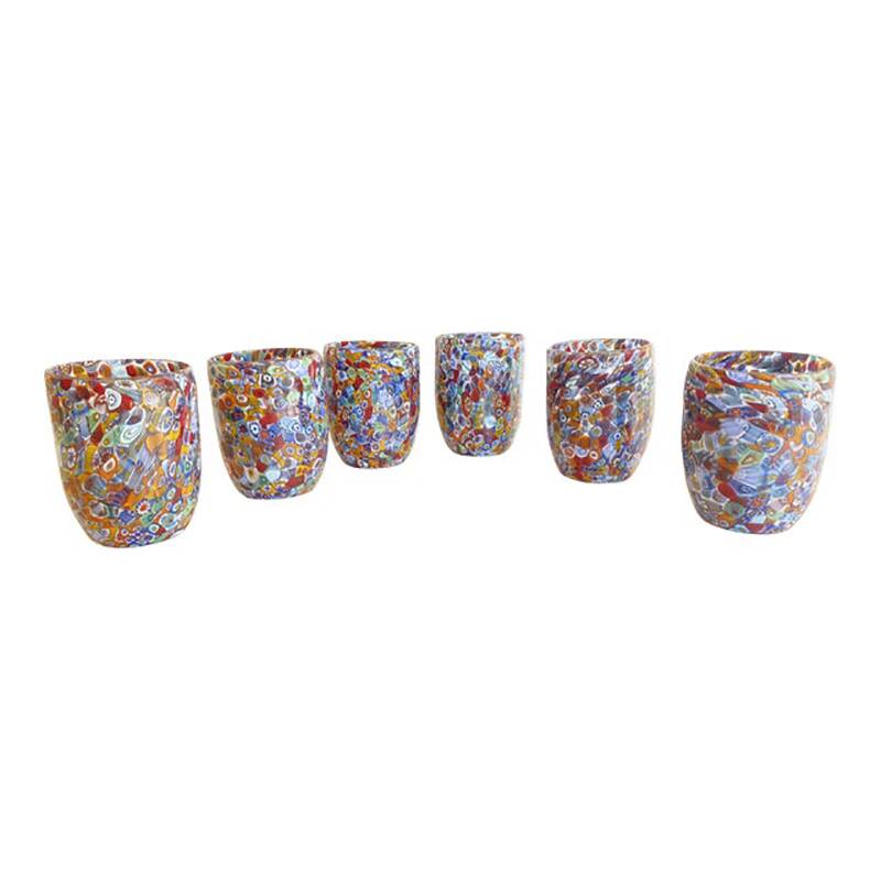 Set of 6 Multicolor Floral Murrine Glasses in the Style of Murano Glass