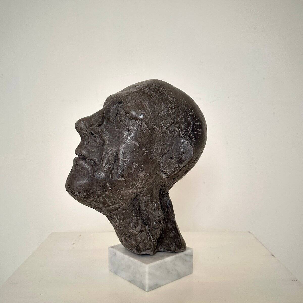 Mid Century Painted Plaster Bust of a Man on a Marble Base, 1976