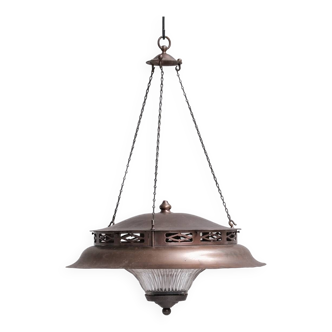 Antique French Pagoda Style Glass and Metal Pendant Light