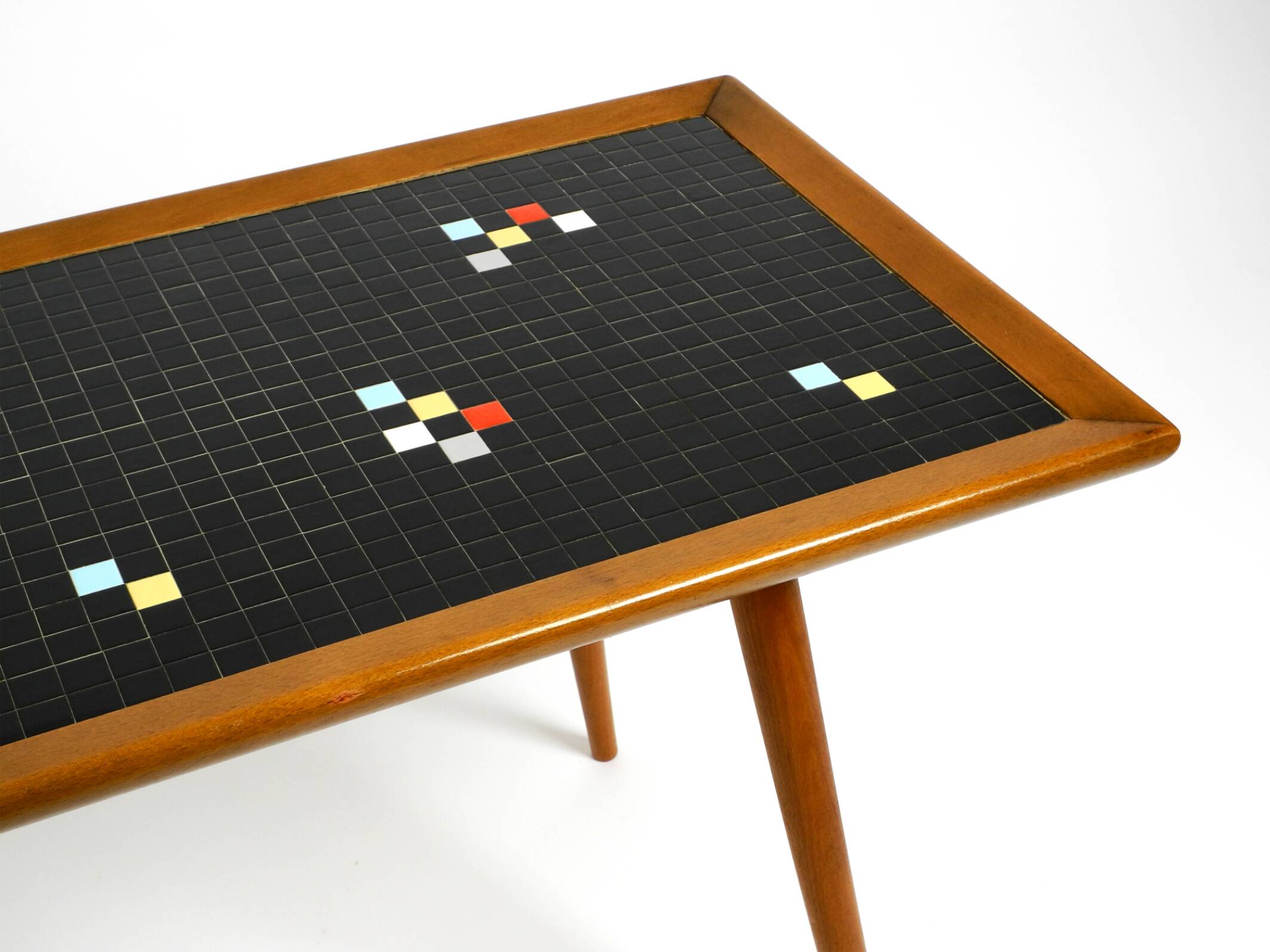 Beautiful long Mid Century walnut wood coffee table with a mosaic surface