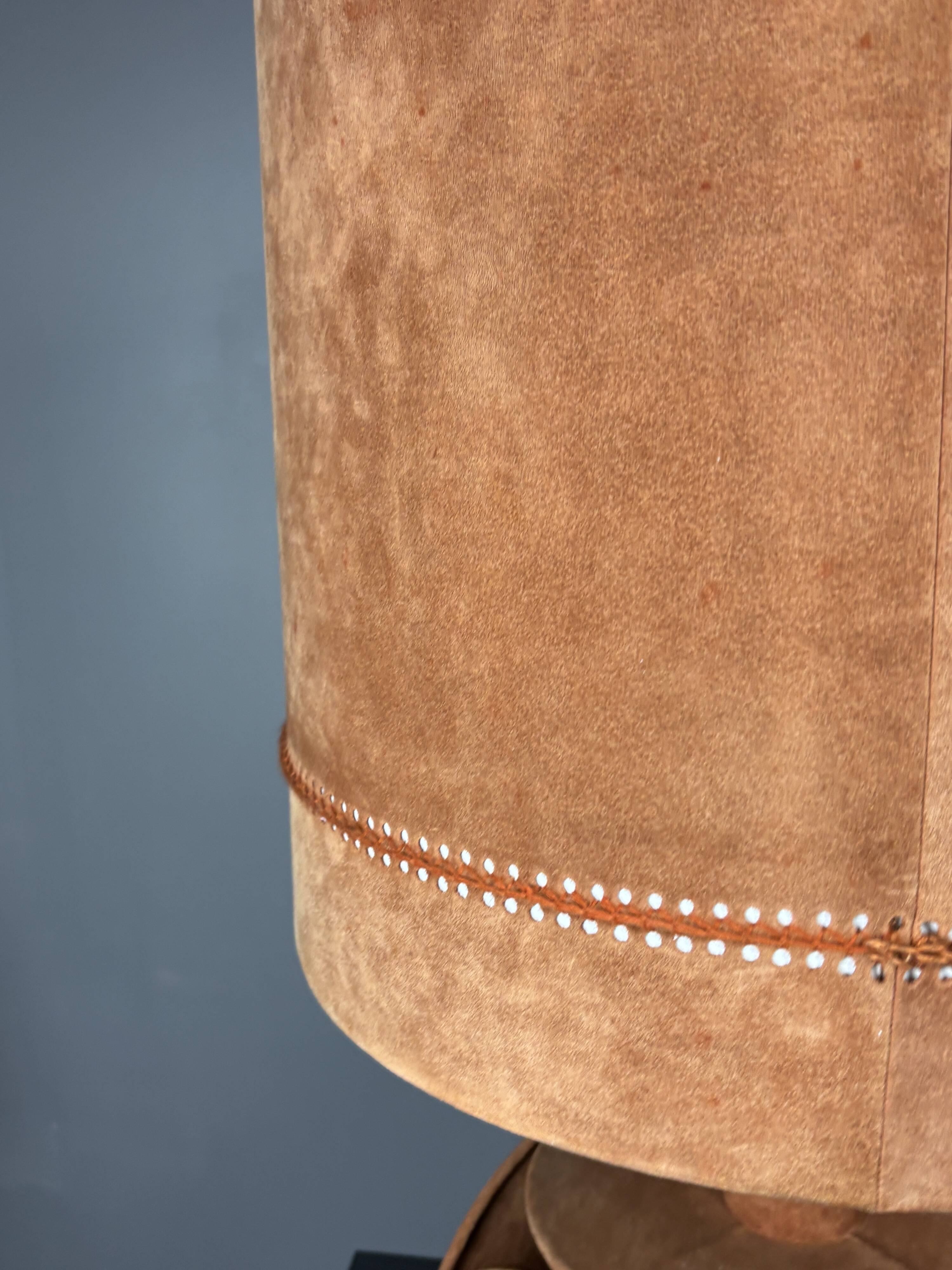 Midcentury XL ( 82 cm ) imposing terracotta suede table lamp. 1970s