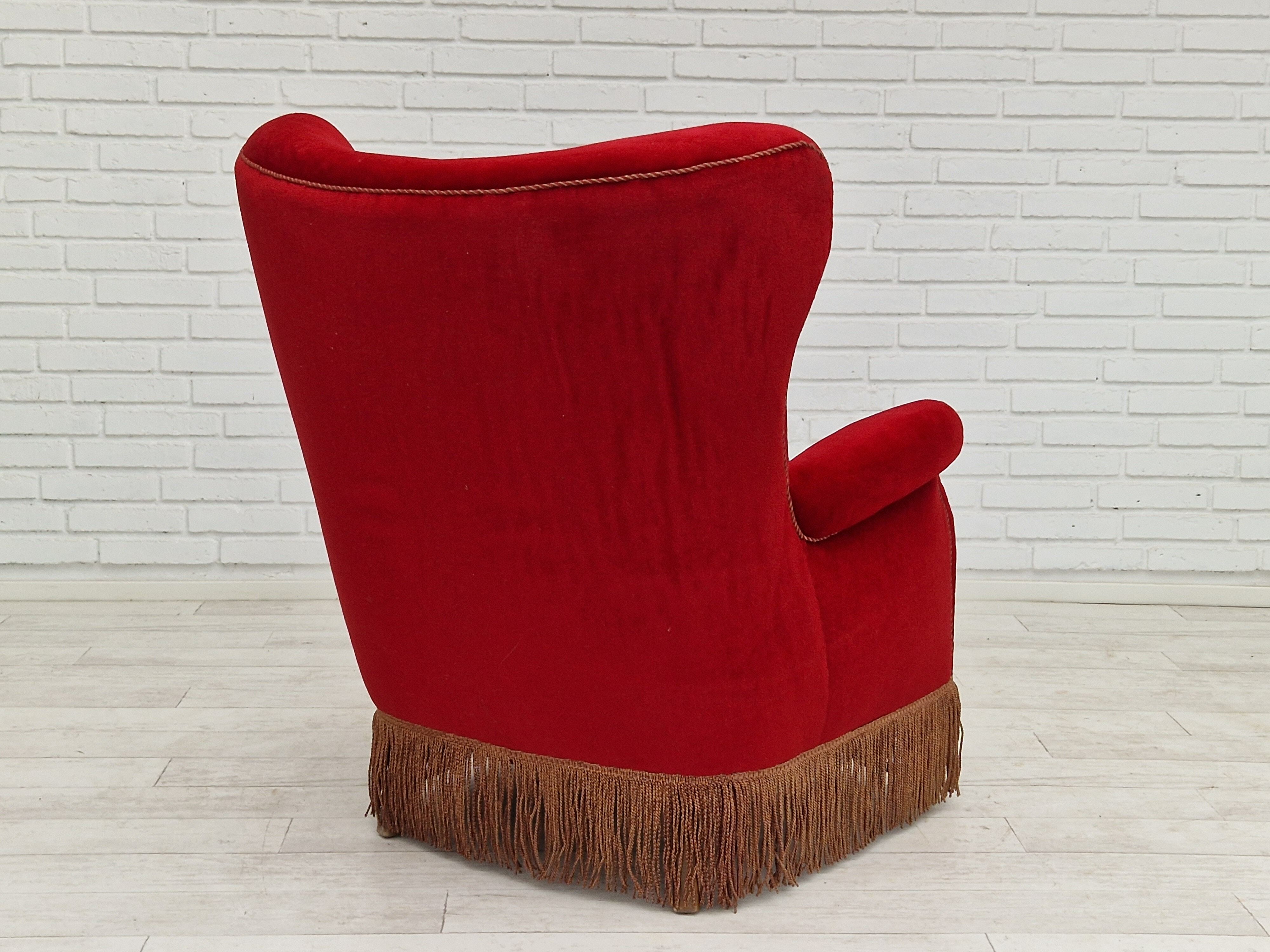 1960s, danish high back vintage armchair in cherry-red velour