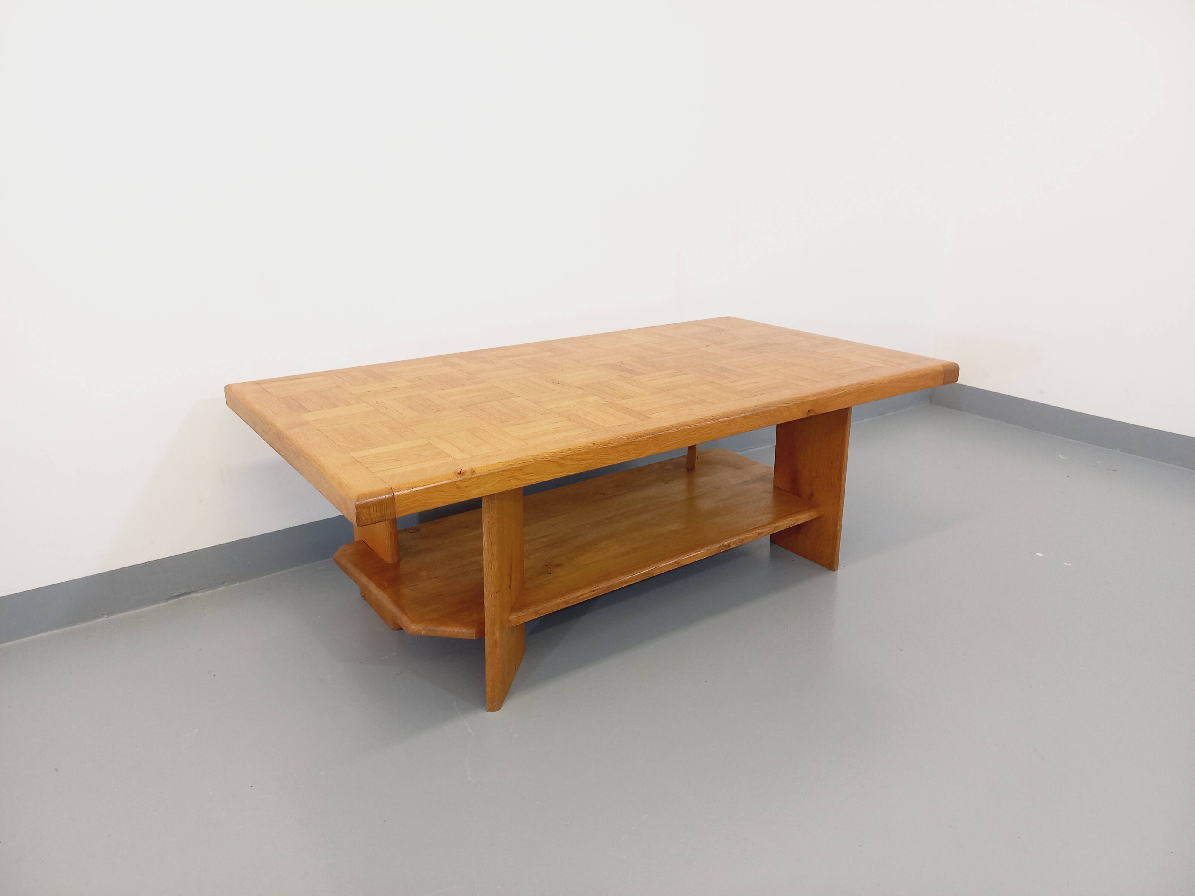 Vintage solid oak coffee table from the 70s 80s Perriand Regain Chapo style