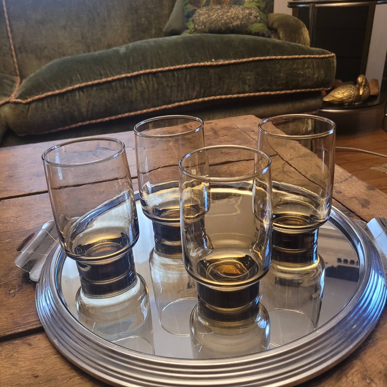 4 vintage 70s long drink glasses - green smoked glass