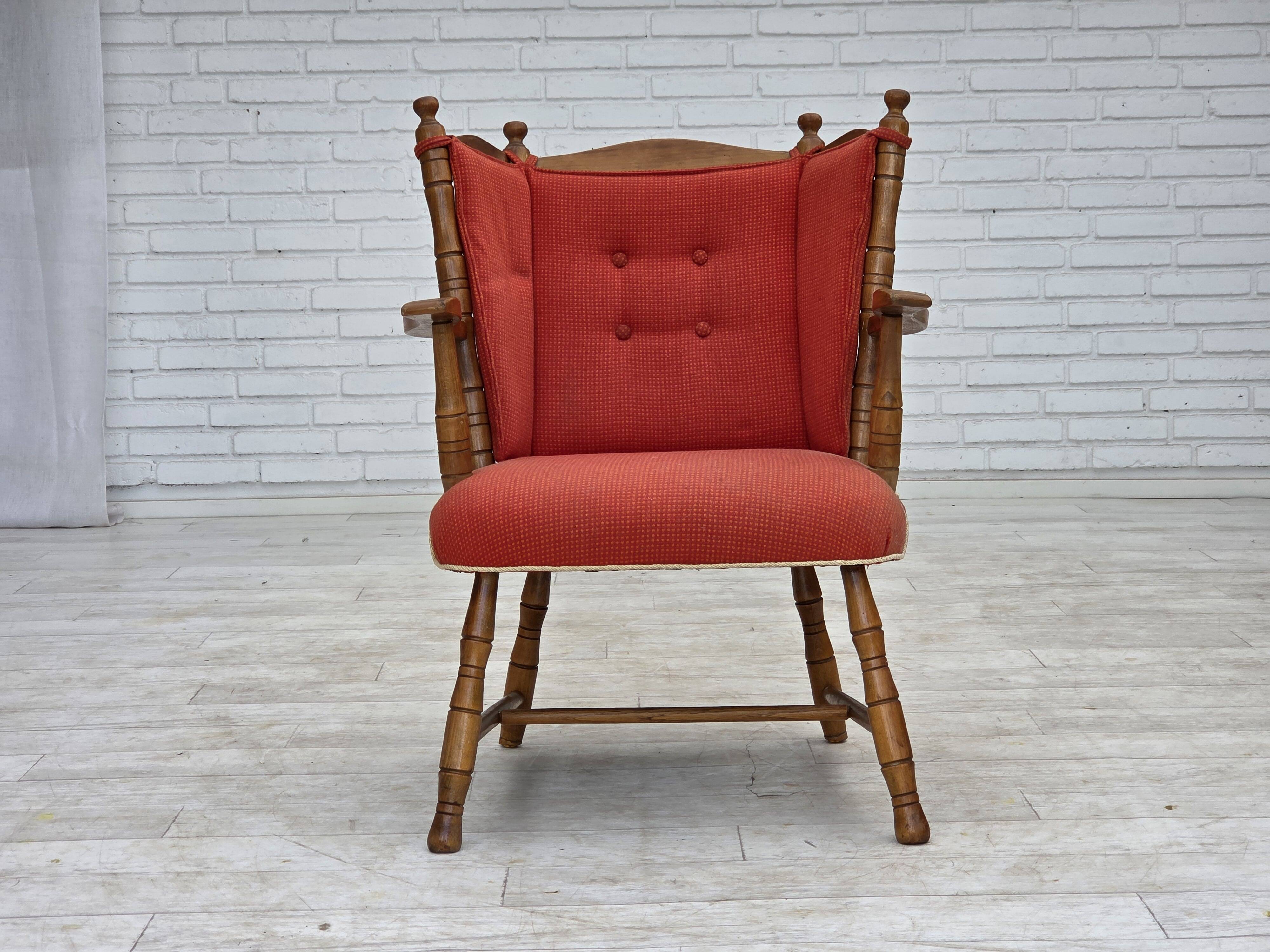 1960s, Scandinavian armchair. Red furniture wool, beech wood.