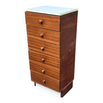 Chiffonnier scandinave Mid-Century Modern 6 tiroirs acajou et bois blanc 19