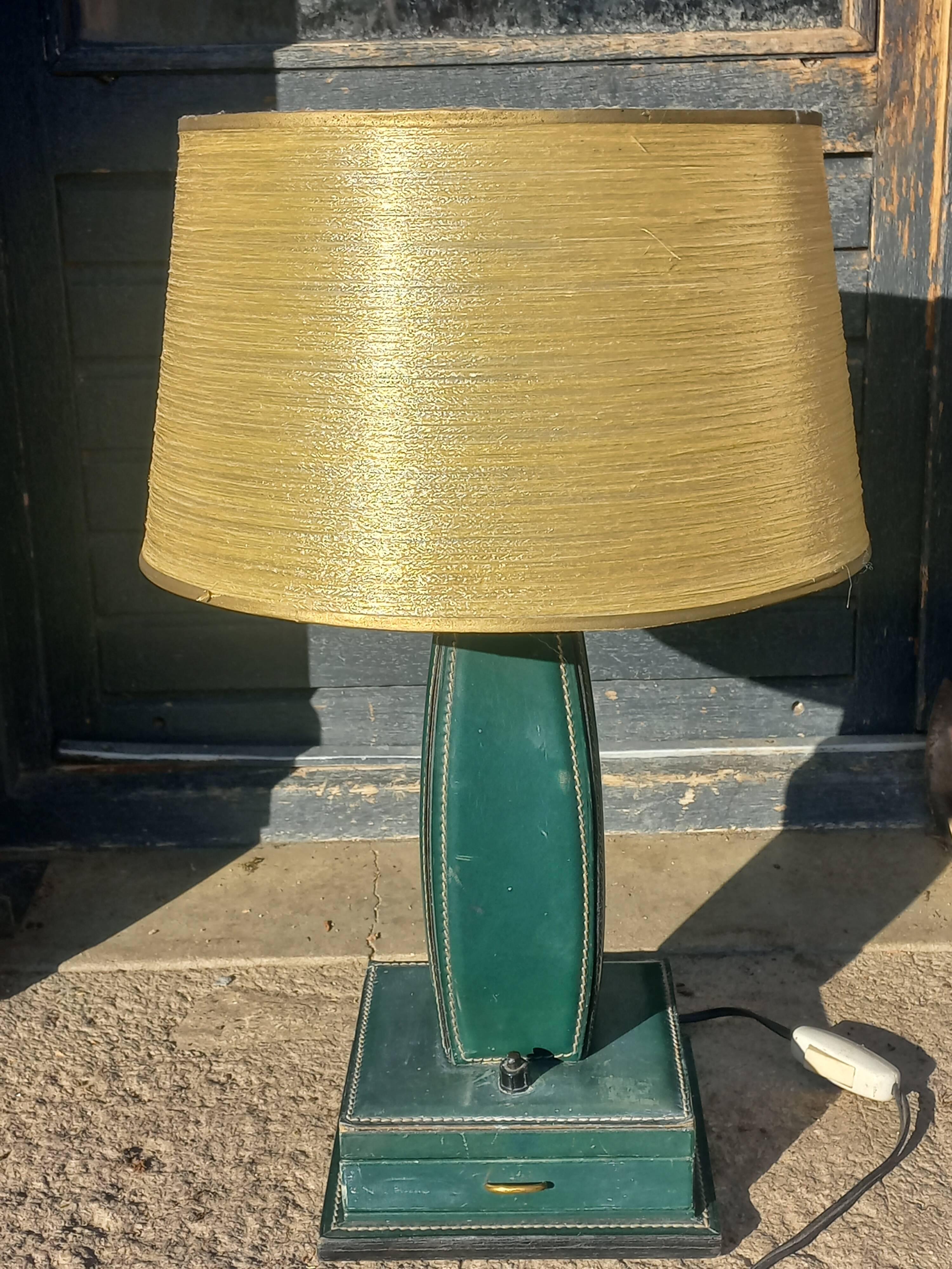 Vintage leather desk lamp with saddle stitching from the 1960s.