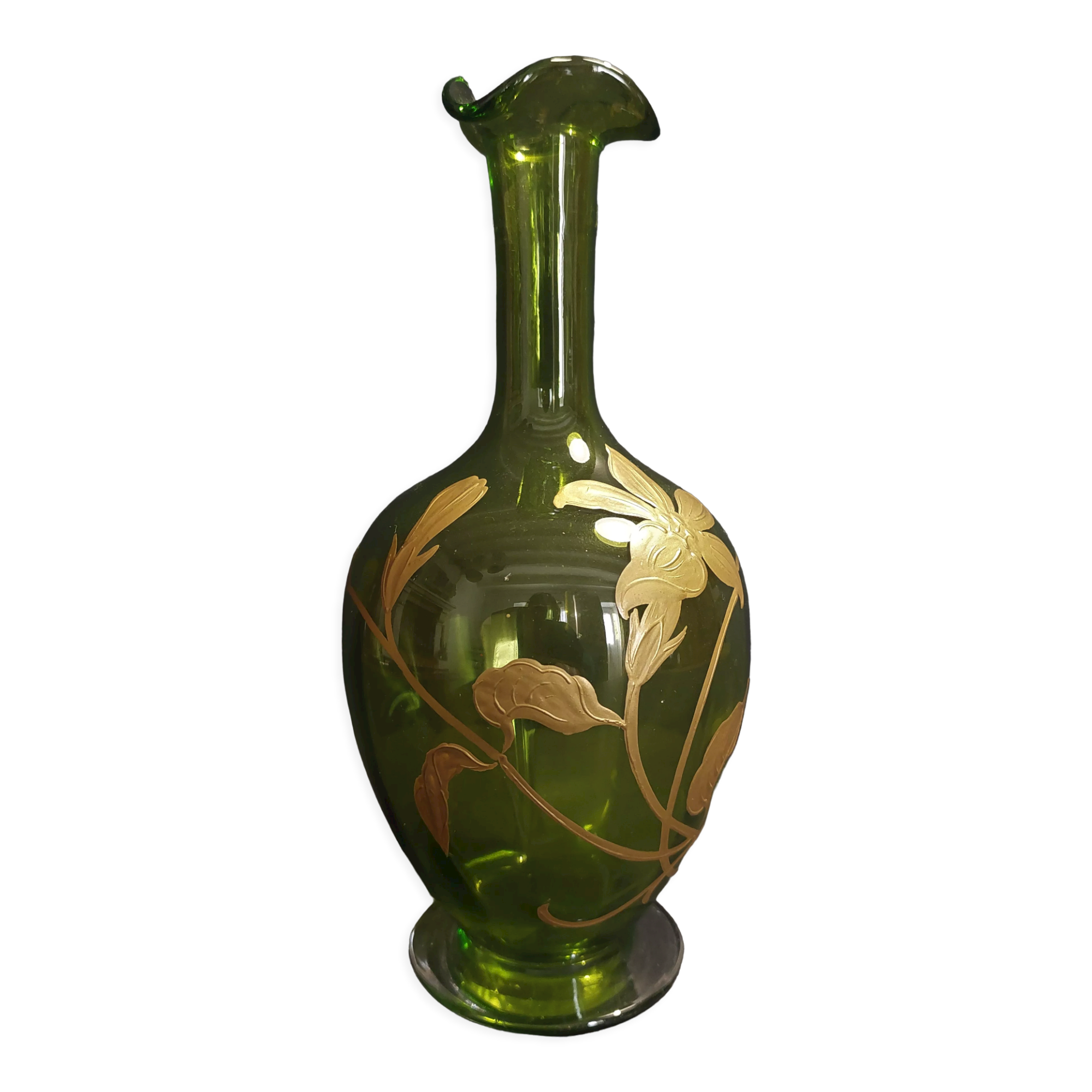 Carafe liquor bottle green and gold decoration early twentieth century